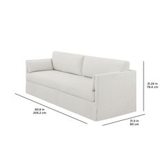 a white couch is shown with measurements for the back and arm cushions on top of it