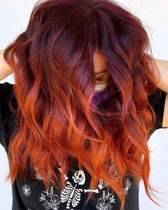 Red And Orange Shag Hair, Trendy Red Hair Color, Red Melt Hair Color, Burgundy Hair With Orange Highlights, Copper Hair With Fashion Colors, Red Into Orange Hair, Fall Hair Colors Ombre, Balayage Hair Copper Blonde