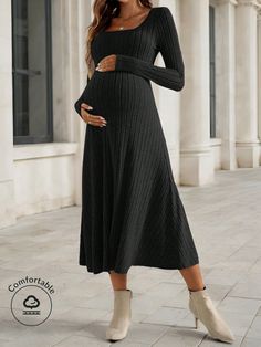 Maternity Casual Solid Color Ribbed Knit Long Sleeve Dress, Knit Dress, Autumn Black Casual  Long Sleeve Knitted Fabric Plain A Line High Stretch  Maternity Clothing, size features are:Bust: ,Length: ,Sleeve Length: