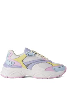 white/multicolour calf leather panelled design logo print to the side logo-print tongue front lace-up fastening almond toe branded insole chunky rubber sole Sneakers Purple, Leather Fabric, Panel Design, Design Logo, Leather Sneakers, Karl Lagerfeld, Logo Print, Calf Leather, Lace Front