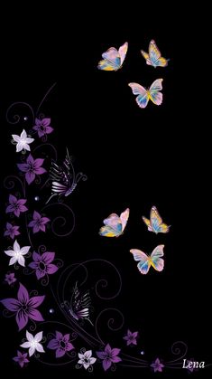 three butterflies flying in the air with purple and white flowers around them on a black background