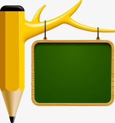 a yellow pencil and a green board hanging on a hook with clippings, transparent png