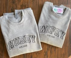 Embroidered Clothes Ideas, Sweatshirts Ideas, Split Stitch, Varsity Sweatshirt, Wife And Husband, Varsity Sweater, Sleeve Embroidery, Cute Couple Gifts