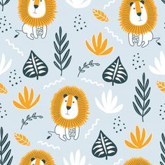 a lion and leaves pattern on a blue background