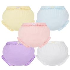 four pairs of diaper pants with ruffles on them