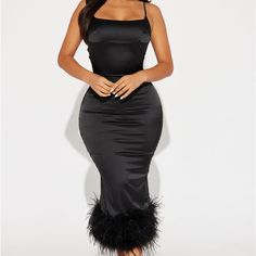 Midi Dress Adjustable Straps Back Slit Feather Trim Stretch Satin New With Tags Masquerade Party Outfit Dresses, Dinner Gowns Classy Night, Dinner Gowns Classy, Masquerade Party Outfit, Dinner Gowns, Holiday Party Fashion, Party Outfits For Women, Dress Party Night, Christmas Party Outfits