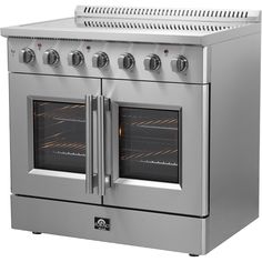 an oven with two burners on the front and one door open to show it's cooking area