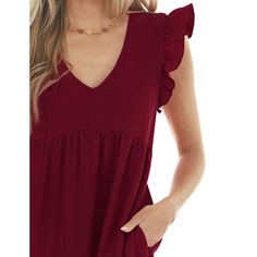 Burgundy V-neck Ruffle Sleeve Pocketed T-shirt Dress Flowy V-neck Ruffle Dress, Casual V-neck Dress With Ruffle Sleeves For Summer, Casual Summer V-neck Dress With Ruffle Sleeves, Summer Casual V-neck Dress With Ruffle Sleeves, Flowy V-neck Dress With Flutter Sleeves, Short Sleeve V-neck Dress With Ruffles, Casual V-neck Summer Dress With Ruffles, Casual Sleeveless V-neck Dress With Ruffles, Flowy V-neck Maxi Dress With Ruffles