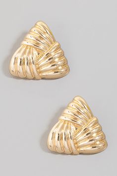 This pair of stud earrings displays a fashionable metallic triangular knot style. Savor the allure of detailed craftsmanship in this exquisite pair of stud earrings. Trendy Gold Triangle Earrings, Geometric Stud Earrings, Elegant Triangle Metal Earrings, Gold Triangle Earring, Knot Stud Earrings 1stdibs, Gold Shell-shaped Brass Earrings, Knot Stud Earrings, Formal Dress Shops, Knot Studs