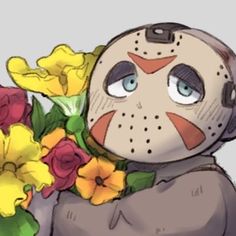 a drawing of a stuffed animal with flowers in it's mouth and wearing a mask