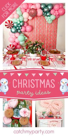 a christmas party with balloons, cookies and candys on the table in front of it