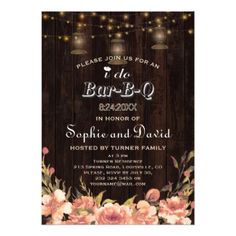 a rustic wedding card with flowers and string lights