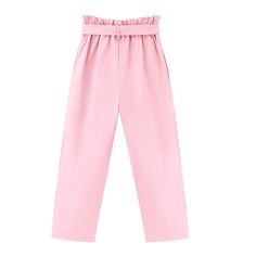 Introducing our Girls High Waist Paper Bag Pants, the perfect blend of style and comfort for your little fashionista! Designed with a belted waist and tapered fit, these pants offer a chic silhouette that flatters any figure. The charming bow decoration adds a touch of elegance, making these pants suitable for both casual outings and special occasions. Crafted from a soft and breathable fabric composed of 70% Rayon, 25% Polyester, and 5% Spandex, these pants provide a comfortable stretch while m Trendy Paperbag Waist Pants With Elastic Waistband, Trendy Belted Bottoms With Paperbag Waist, Trendy Belted Paperbag Waist Bottoms, Trendy Paperbag Waist Pants For Spring, Trendy Spring Paperbag Waist Pants, Trendy Spring Pants With Paperbag Waist, Pink High-waisted Pants With Belt Loops, Pink Cotton Bottoms With Belt Loops, Pink Workwear Pants With Belt Loops