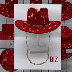 “Biz” Red Suede Rancher Hat By Www.Thechapeauholic.Com Follow Me On Ig @Thechapeauholic Hand Painted Gold Chain Signature Feather 3.5 Inch Brim/4 Inch Crown Medium 57cm-59cm Elastic Sweatband Red Short Brim Top Hat For Fall, Red Western-style Party Hat, Red Western Style Party Hat, Red Fedora Hat For Country Events, Red Flat Brim Hat For Country Events, Red Short Brim Hat For Country Events, Red Fedora For Country Events, Red Fitted Fedora For Party, Fitted Red Rodeo Hat