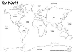 the world map with countries labeled in black and white