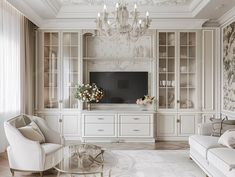 an elegant living room with white furniture and chandelier hanging from the ceiling,