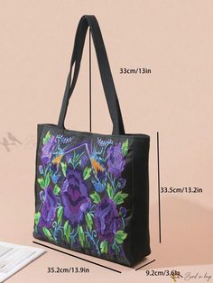 Bird in Bag - Premium Retro Floral Embroidered Tote Bag - Large Capacity Shoulder Bag - Stylish Handbag with Exquisite Flower & Bird Embroidery - Ideal Underarm Bag for Travel and Shopping Rectangular Canvas Bag With Floral Embroidery For Daily Use, Embroidered Rectangular Canvas Bag, Rectangular Embroidered Canvas Bag, Black Embroidered Canvas Tote Bag, Embroidered Purple Shoulder Bag For Daily Use, Embroidered Purple Shoulder Bag For Everyday Use, Purple Embroidered Bags For Everyday Use, Purple Embroidered Everyday Bag, Everyday Use Purple Embroidered Bags