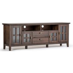 a wooden entertainment center with glass doors on the front and side panels, in dark wood