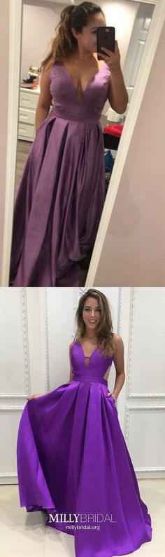 Long Prom Dresses Purple, Princess Prom Dresses V Neck, Modest Prom Dresses Open Back, Satin Prom Dresses Sleeveless Prom Dresses For Teens Long, Simple Formal Dresses, Purple Prom Dresses, Dresses Open Back, Princess Evening Dress, Purple Princess, 2019 Style, Trendy Prom Dresses