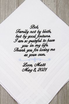 embroidered wedding handkerchiefs with the words god, not by birth but by god fortune i am so grateful to have you in my life as for loving me as you own