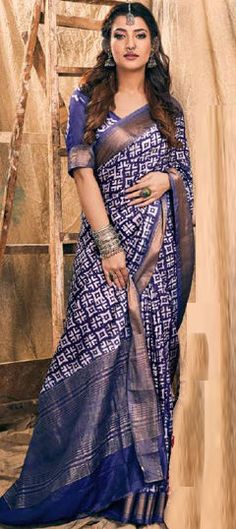 Blue color Saree in Chanderi Silk fabric with Printed work Blue Color Saree, Reception Lehenga, Engagement Reception, Traditional Saree, Waist Chain, Traditional Sarees, Blouse Length, Salwar Kameez, Petticoat