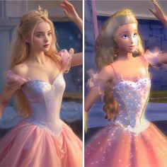 two pictures of barbie dolls in princess dresses