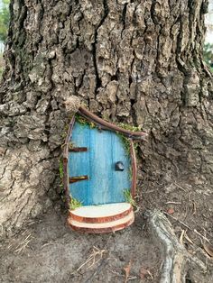 a small blue door is in the bark of a tree