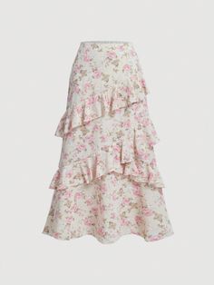 Apricot Boho Collar  Woven Fabric Floral,All Over Print Layered/Tiered Embellished Non-Stretch  Women Clothing Long Skirts Ruffles, Plus Size Floral Skirts, Plus Size Cottagecore Skirts, Vintage Long Floral Skirt, High Waisted Skirt Floral, Ditsy Floral Skirts, Floral Skirts For Fall, Retro Floral Skirt, Toll Skirts