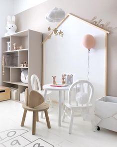 a white room with two chairs and a table