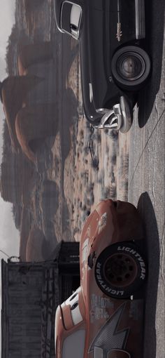 an old car is parked next to a wall with the reflection of another car on it