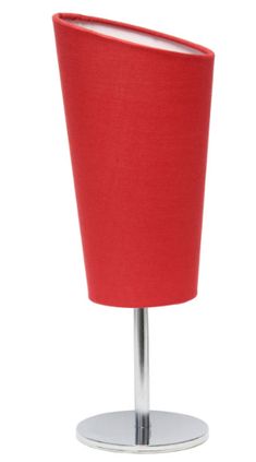 a red cup sitting on top of a metal stand in front of a white background