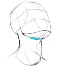 a drawing of a person's head with a blue line on the side of it