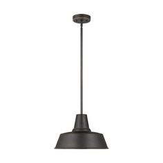 an industrial style pendant light fixture with black metal finish and a round, cone shaped shade