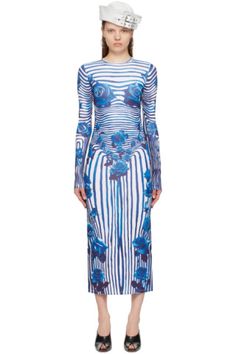 Jean Paul Gaultier - White & Blue Flower Body Morphing Maxi Dress Fitted Blue Dress With All Over Print, Fitted Blue Dresses With All Over Print, Blue Printed Fitted Midi Dress, Fitted Blue Printed Midi Dress, Fitted Blue Dress With Graphic Print, Gaultier Dress, Jean Paul Gaultier Dress, French Riviera Style, Black Beats