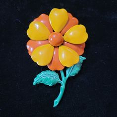 Very nice!  No damage.  3 3/4 x 2 1/2 inches. Retro Flower Brooches For Collectors, Vintage Yellow Flower Brooch, Retro Coffee Tables, Fairy Lamp, Orange Flower, Enamel Flower, Vintage Pins, Orange Flowers, Green Glass