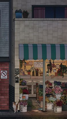 a painting of a flower shop with a cat on the sidewalk