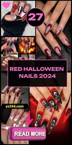 Nail Ideas Red And Black, Dark Short Nails, Red Halloween Nails, Halloween Nails Designs, Halloween Dip, Black Halloween Nails, Red Halloween