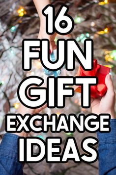 the words, 16 fun gift exchange ideas are in front of a christmas tree with presents