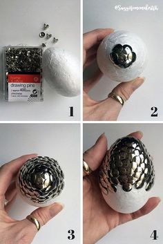 four pictures showing how to make an ornament out of paper mache balls