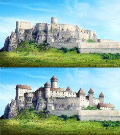 two pictures of an old castle on top of a hill