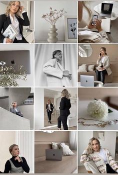 a collage of photos with women in black and white outfits, flowers, vases, laptop