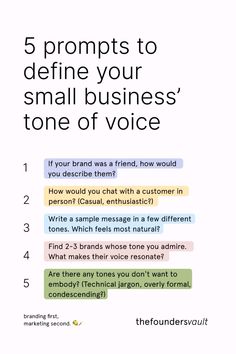 a white poster with the words 5 prompts to determine your small business's tone of voice