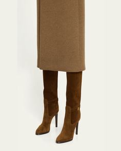 Saint Laurent "Diane" suede knee boots with YSL buckle strap accent    4.00 in / 100 mm thick stiletto heel    Almond toe    Pullon style    Leather outsole    Made in Italy Knee High Boots Suede, Long Boots Outfit, Ysl Boots, Suede Knee Boots, Boots Outfits, Evening Flats, Cocktail Jacket, Boots Suede, Long Boots