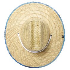 a straw hat with blue band around the brim on a white background, top view