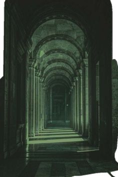 an image of a long hallway with columns and light coming from the ceiling to the floor