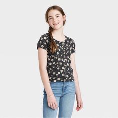 Girls Button Front T-Shirt Floral Nwt Spring Black T-shirt With Button Closure, Black Spring T-shirt With Button Closure, Black T-shirt With Button Closure For Spring, Black Button Closure T-shirt For Spring, Class Shirts, Class Shirt, Weather Wear, Solid Color Dress, Short Sleeve Pullover