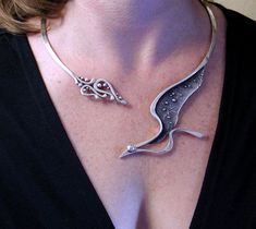 Darkwing Sterling Silver Bird in Flight Torque by StewartArt1 organic shapes, oxidised pieces, filigree on one side, boho drama on the other One Of A Kind Fine Jewelry Pendant, Exquisite Pendant Necklaces, One Of A Kind Pendant Fine Jewelry, Hand Forged Pendant Jewelry For Wedding, Unique Engraved Metal Jewelry, Ceremonial Sterling Silver Fine Jewelry, Unique Oxidized Sterling Silver Jewelry, Collectible Gold Jewelry With Unique Design, Handmade Fine Jewelry For Ceremonial Occasions