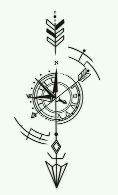 a black and white drawing of a compass with arrows on it's sides, in the middle