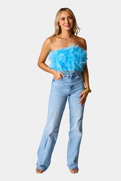 BuddyLove Fancy Strapless Feather Crop Top - Azure Blue Feather Crop Top, Fringe Romper, Fancy Top, Feather Tops, Maxi Romper, Fancy Tops, Crop Top Sweatshirt, Strapless Tops, Azure Blue