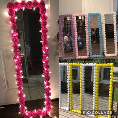 a mirror that has flowers on it and some lights in front of it with balloons